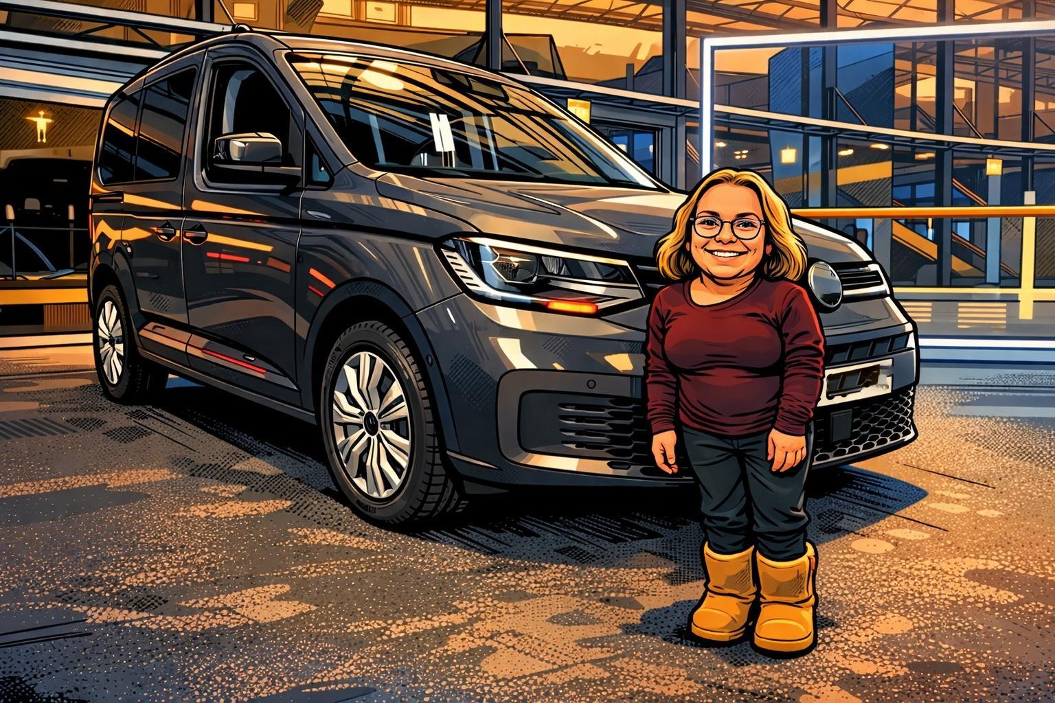 Caro steht in Comic-Optik vor ihrem Auto.